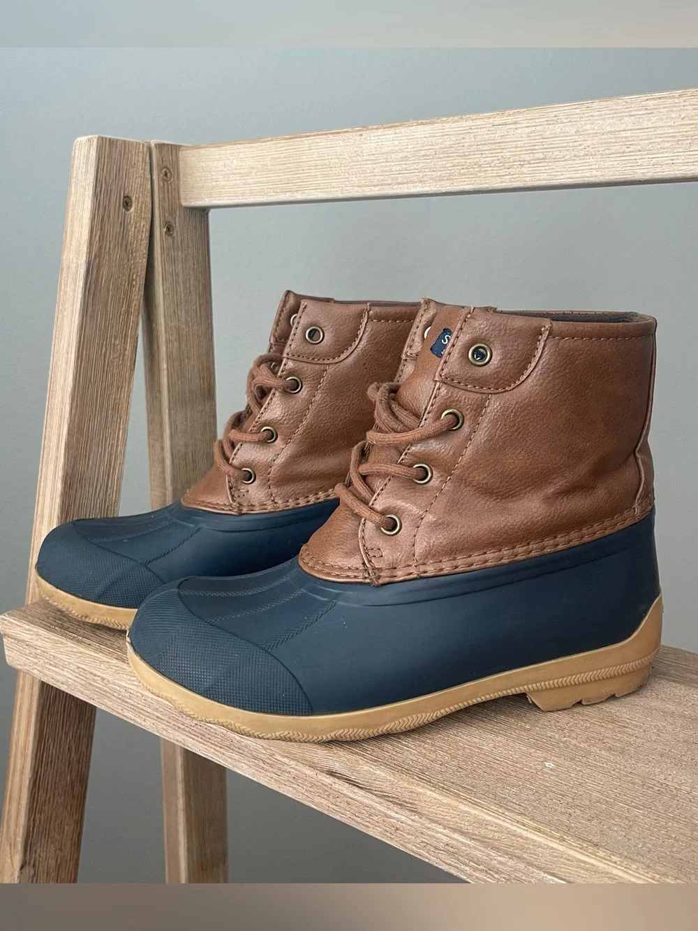Sperry Port Duck Boots Kids Size 2 Brown Navy Waterproof Rain Boots Fall Shoes